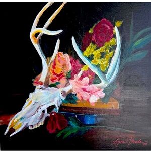 Original oil painting FLORAL whitetail deer SKULL flowers roses antlers horns